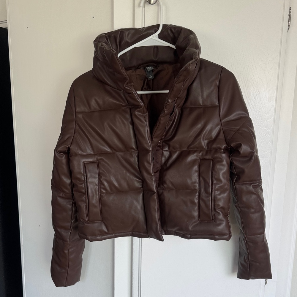 Alya Brown Cropped Faux Leather Puffer Jacket